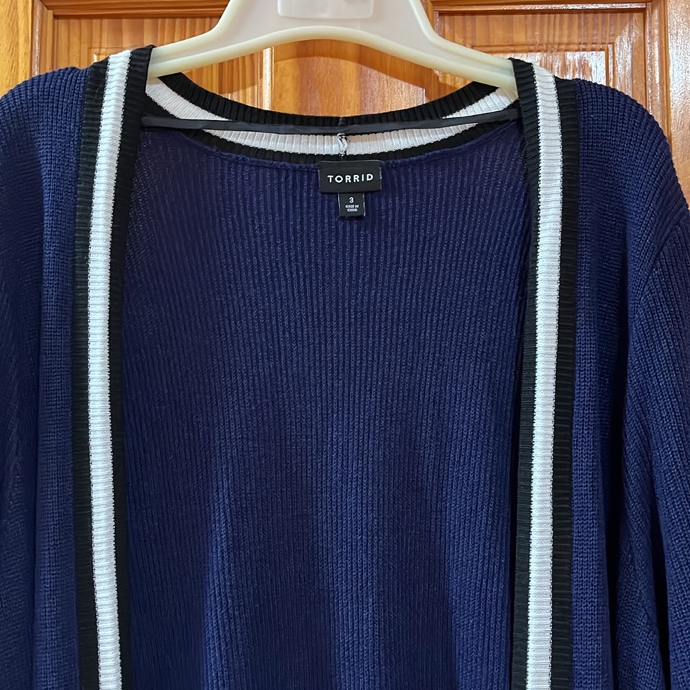 Torrid Colorblock Navy Blue Open Front Long Line Cardigan Sweater Size 3 - Picture 7 of 14